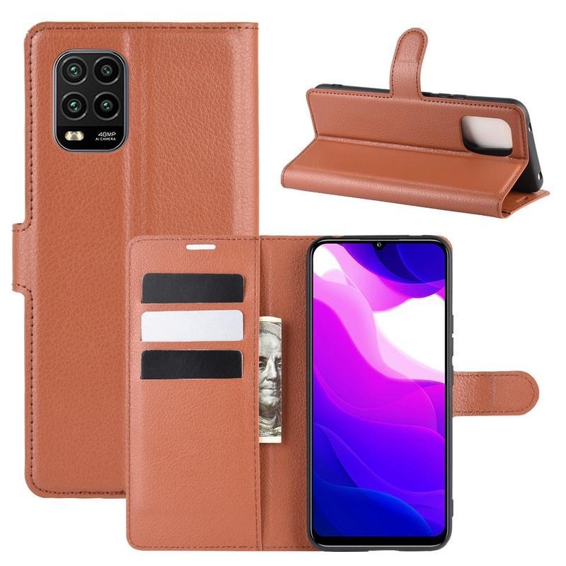 Litchi PU kožené peněženkové pouzdro na mobil Xiaomi Mi 10 Lite - hnědé