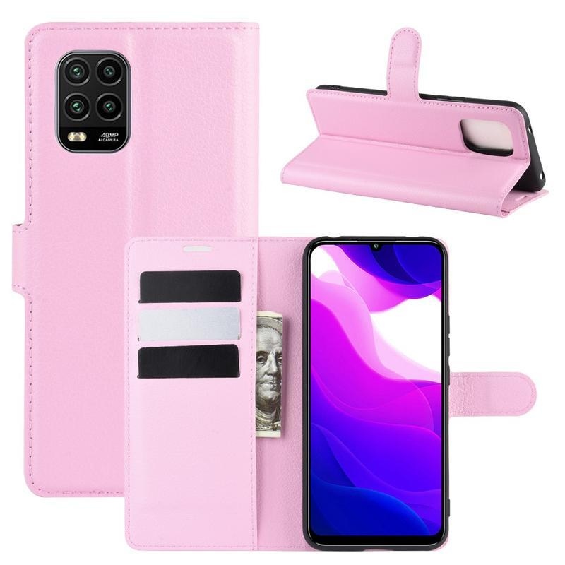 Litchi PU kožené peněženkové pouzdro na mobil Xiaomi Mi 10 Lite - růžové