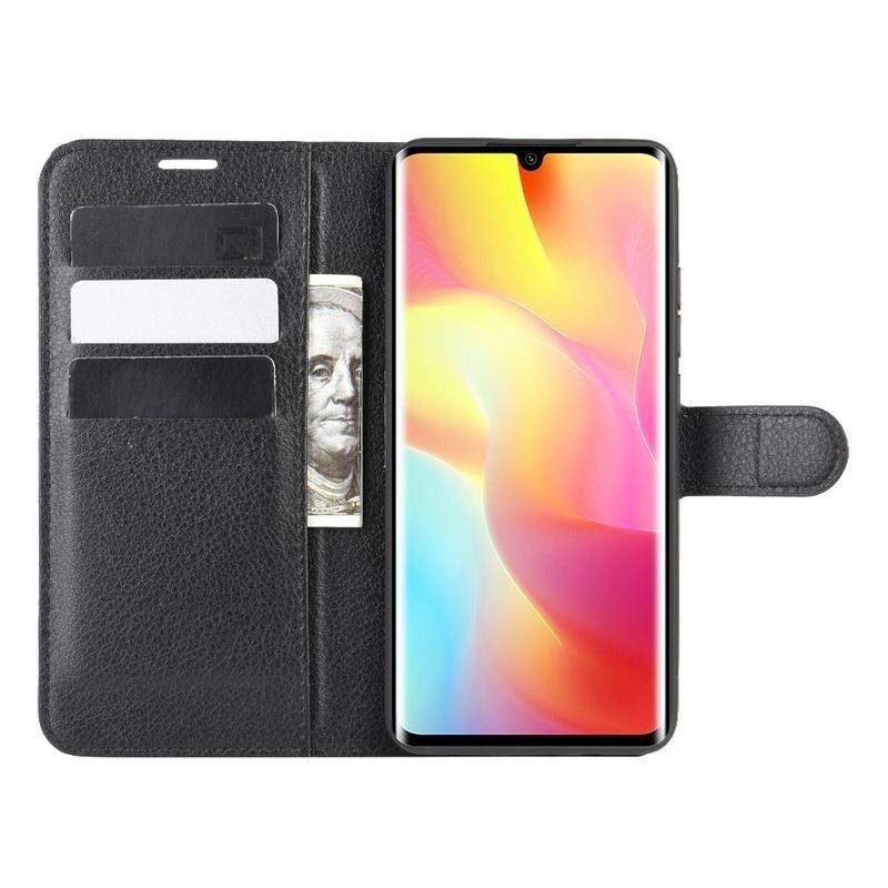 Litchi PU kožené peněženkové pouzdro na mobil Xiaomi Mi Note 10 Lite - černé