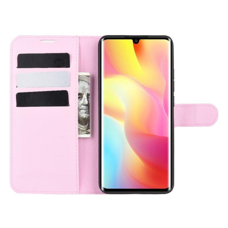 Litchi PU kožené peněženkové pouzdro na mobil Xiaomi Mi Note 10 Lite - růžové