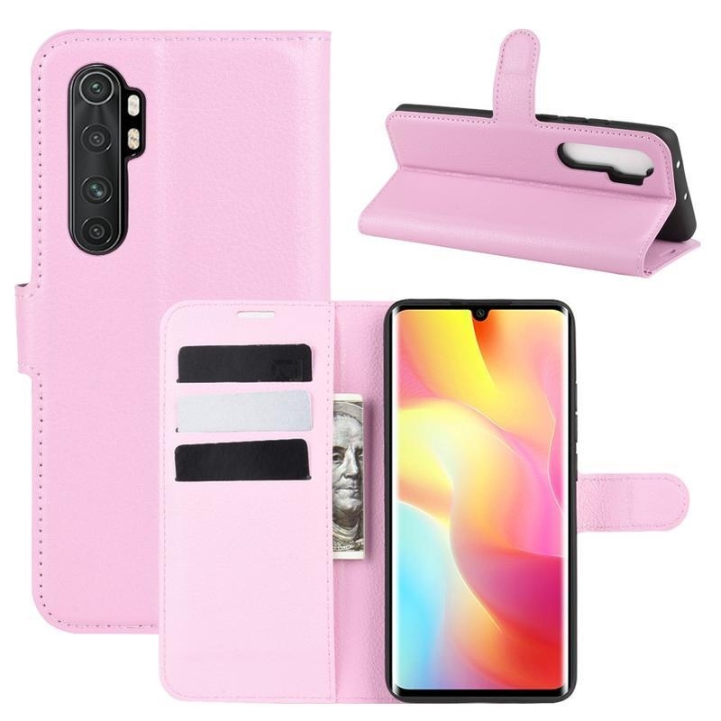 Litchi PU kožené peněženkové pouzdro na mobil Xiaomi Mi Note 10 Lite - růžové
