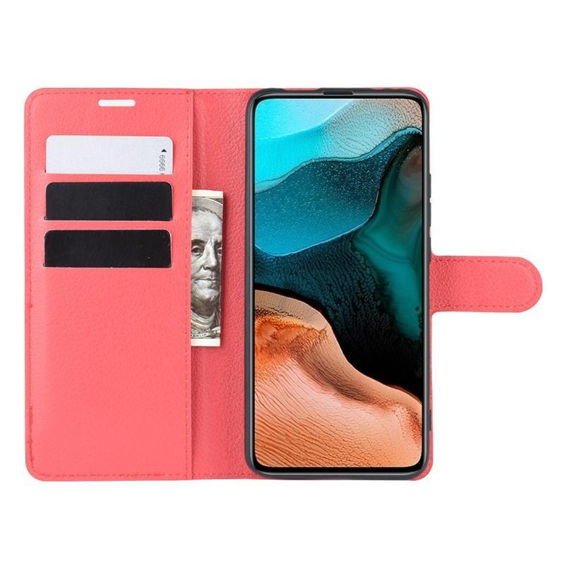 Litchi PU kožené peněženkové pouzdro na mobil Xiaomi Poco F2 Pro - červené