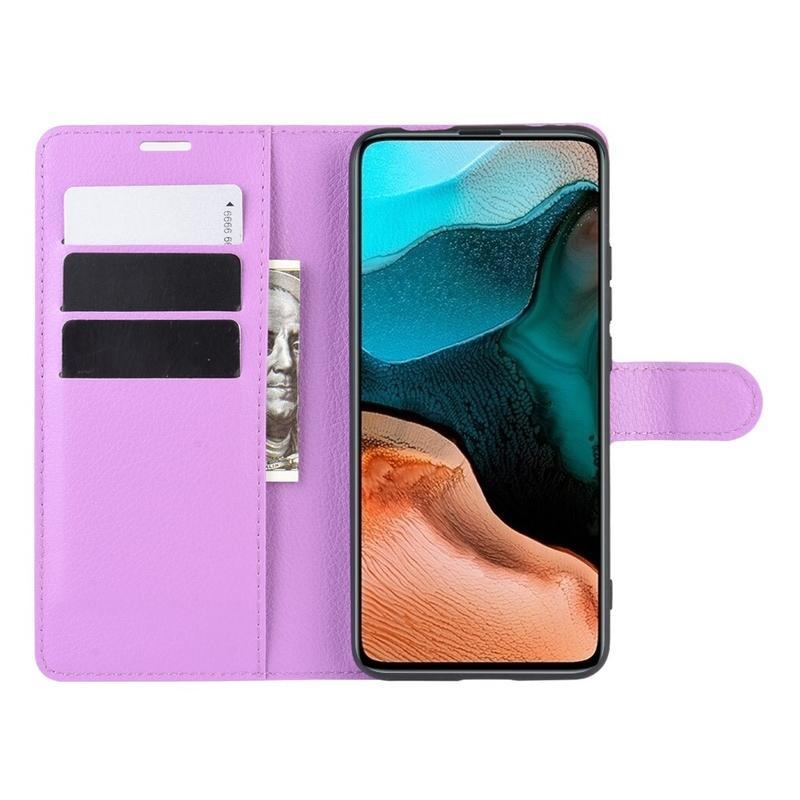 Litchi PU kožené peněženkové pouzdro na mobil Xiaomi Poco F2 Pro - fialové