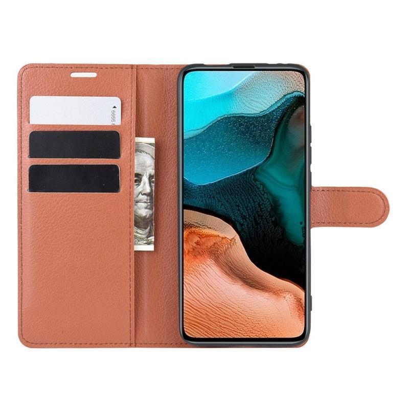 Litchi PU kožené peněženkové pouzdro na mobil Xiaomi Poco F2 Pro - hnědé