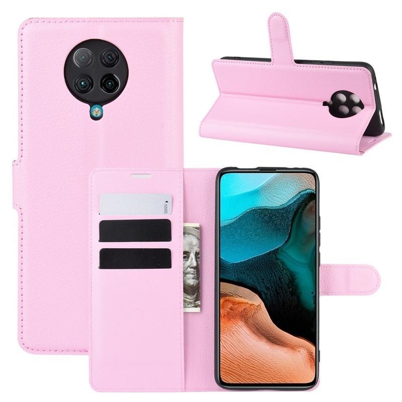 Litchi PU kožené peněženkové pouzdro na mobil Xiaomi Poco F2 Pro - růžové