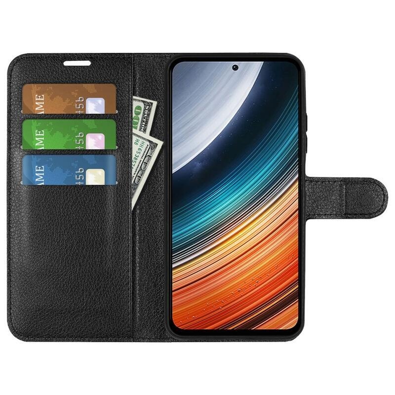 Litchi PU kožené peněženkové pouzdro na mobil Xiaomi Poco F4 5G - černé