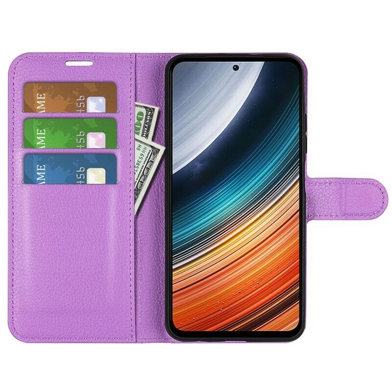 Litchi PU kožené peněženkové pouzdro na mobil Xiaomi Poco F4 5G - fialové