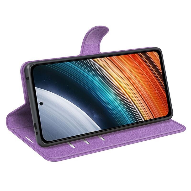 Litchi PU kožené peněženkové pouzdro na mobil Xiaomi Poco F4 5G - fialové