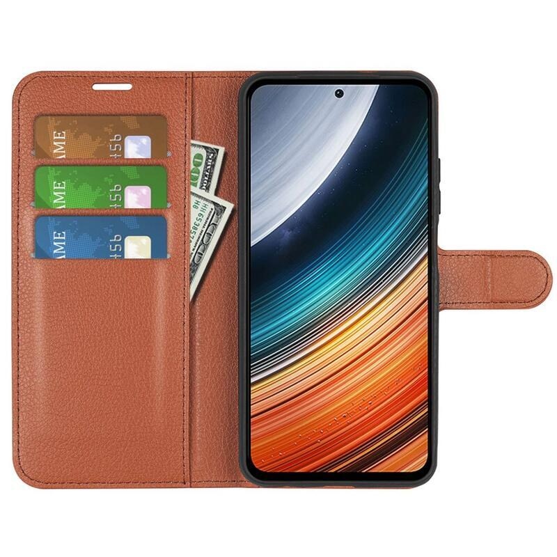 Litchi PU kožené peněženkové pouzdro na mobil Xiaomi Poco F4 5G - hnědé