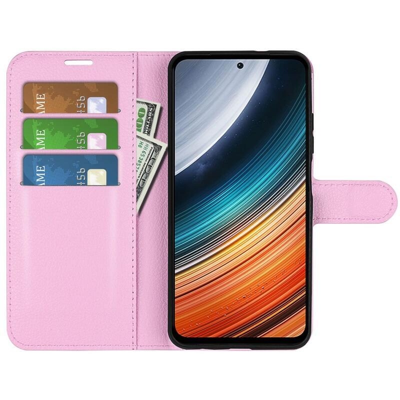 Litchi PU kožené peněženkové pouzdro na mobil Xiaomi Poco F4 5G - růžové