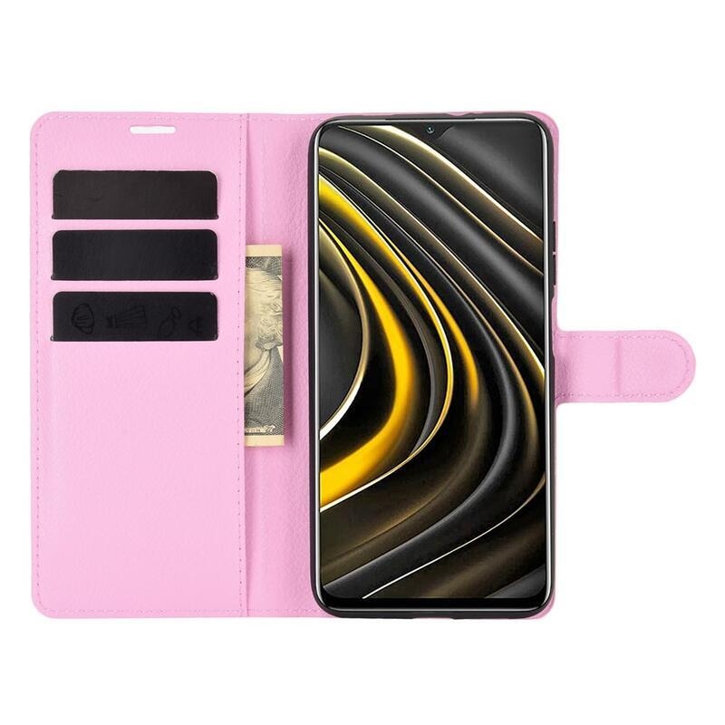 Litchi PU kožené peněženkové pouzdro na mobil Xiaomi Poco M3 - růžové