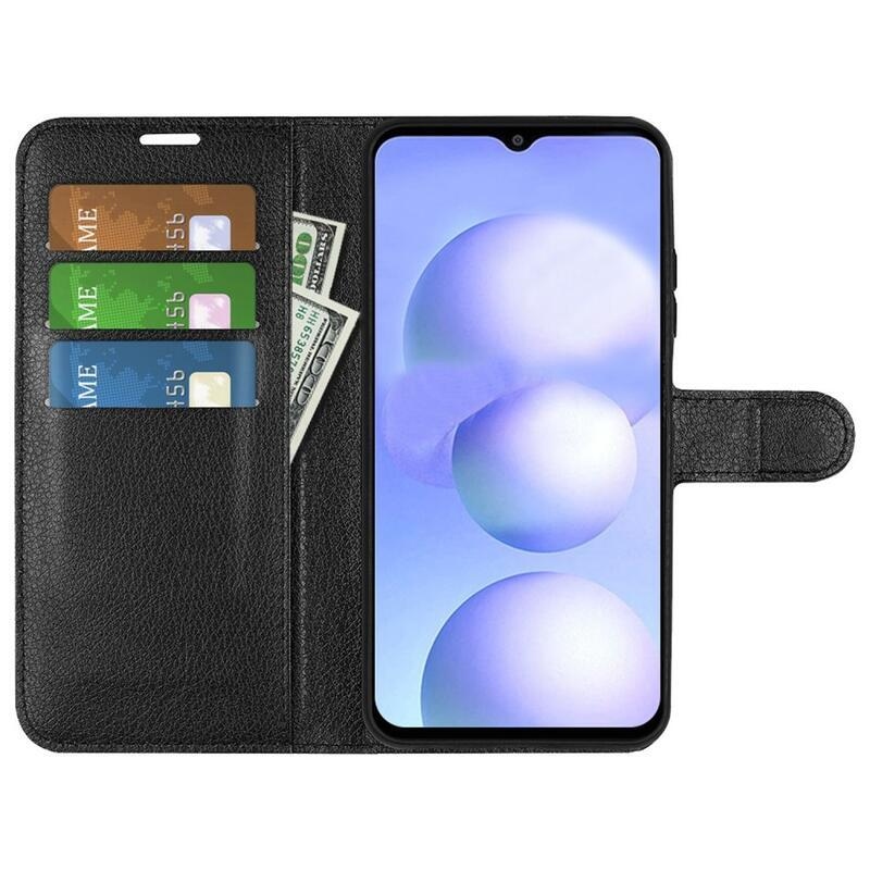 Litchi PU kožené peněženkové pouzdro na mobil Xiaomi Poco M4 5G - černé