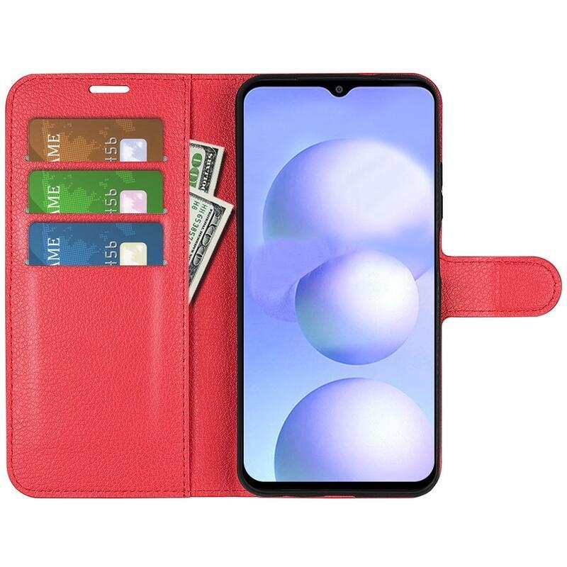 Litchi PU kožené peněženkové pouzdro na mobil Xiaomi Poco M4 5G - červené