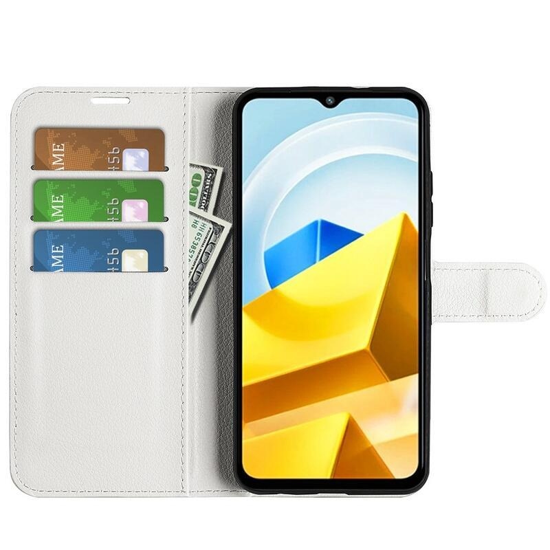 Litchi PU kožené peněženkové pouzdro na mobil Xiaomi Poco M5 - bílé