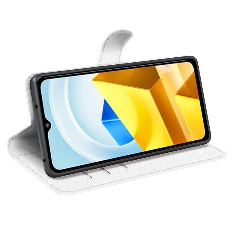 Litchi PU kožené peněženkové pouzdro na mobil Xiaomi Poco M5 - bílé