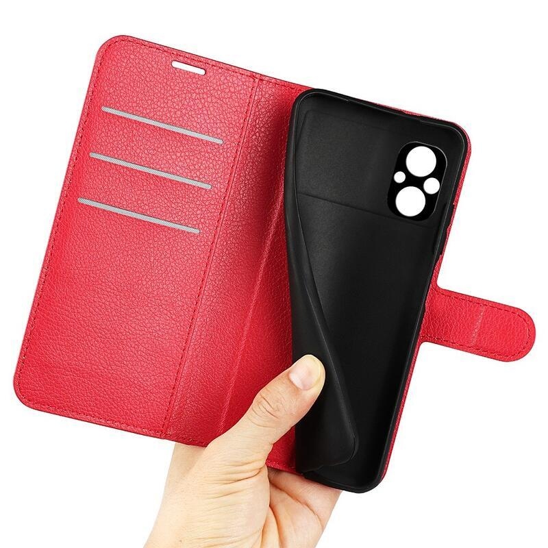 Litchi PU kožené peněženkové pouzdro na mobil Xiaomi Poco M5 - červené