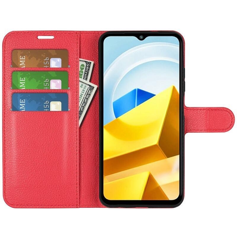Litchi PU kožené peněženkové pouzdro na mobil Xiaomi Poco M5 - červené