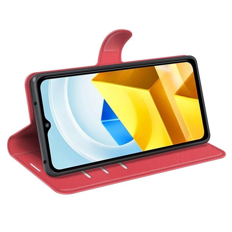 Litchi PU kožené peněženkové pouzdro na mobil Xiaomi Poco M5 - červené