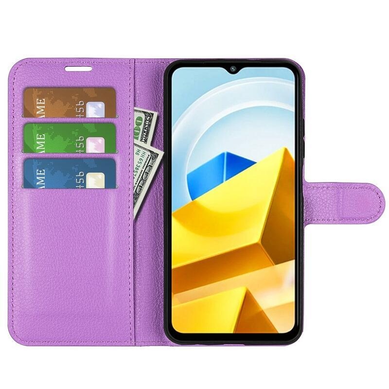 Litchi PU kožené peněženkové pouzdro na mobil Xiaomi Poco M5 - fialové