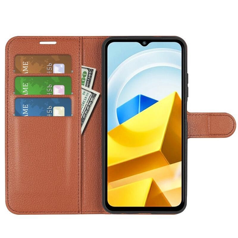 Litchi PU kožené peněženkové pouzdro na mobil Xiaomi Poco M5 - hnědé