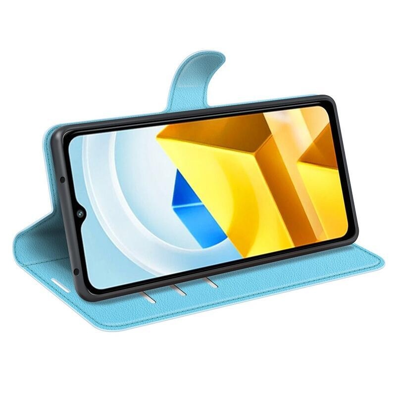Litchi PU kožené peněženkové pouzdro na mobil Xiaomi Poco M5 - modré
