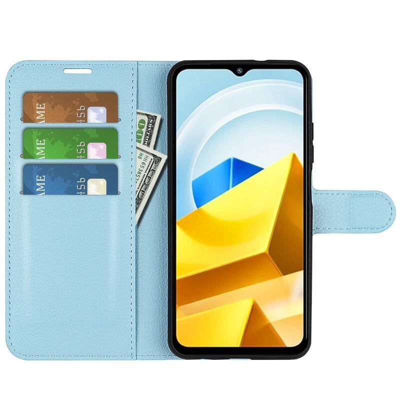 Litchi PU kožené peněženkové pouzdro na mobil Xiaomi Poco M5 - modré