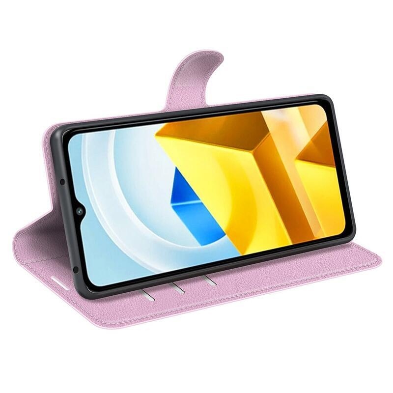 Litchi PU kožené peněženkové pouzdro na mobil Xiaomi Poco M5 - růžové