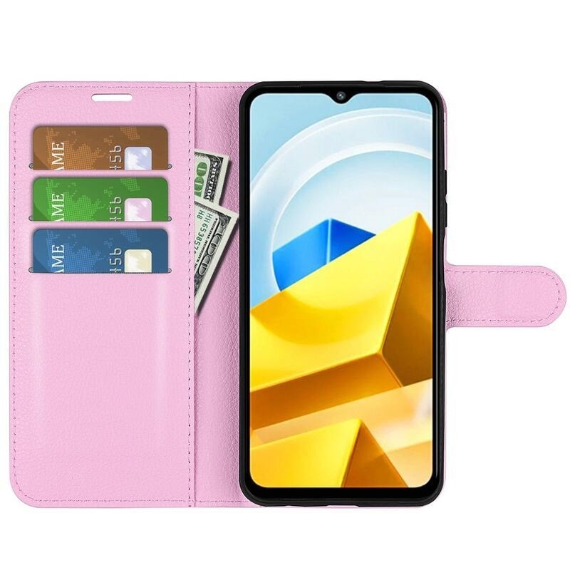 Litchi PU kožené peněženkové pouzdro na mobil Xiaomi Poco M5 - růžové