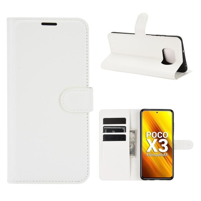 Litchi PU kožené peněženkové pouzdro na mobil Xiaomi Poco X3/X3 Pro - bílé