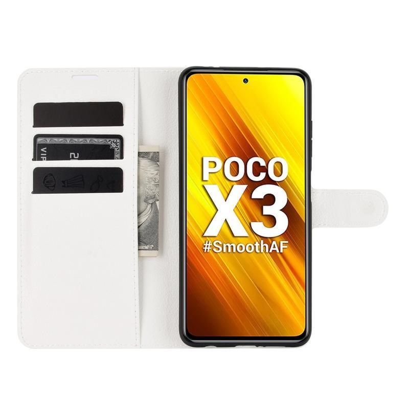 Litchi PU kožené peněženkové pouzdro na mobil Xiaomi Poco X3/X3 Pro - bílé