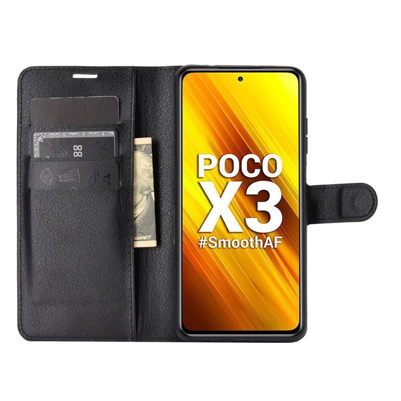 Litchi PU kožené peněženkové pouzdro na mobil Xiaomi Poco X3/X3 Pro - černé