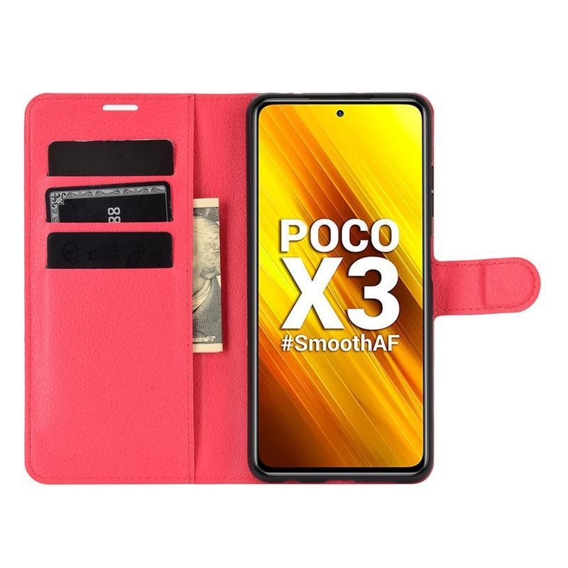 Litchi PU kožené peněženkové pouzdro na mobil Xiaomi Poco X3/X3 Pro - červené