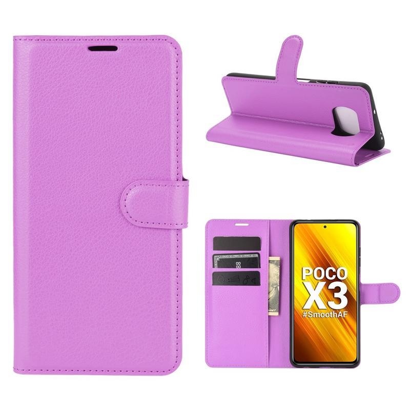 Litchi PU kožené peněženkové pouzdro na mobil Xiaomi Poco X3/X3 Pro - fialové