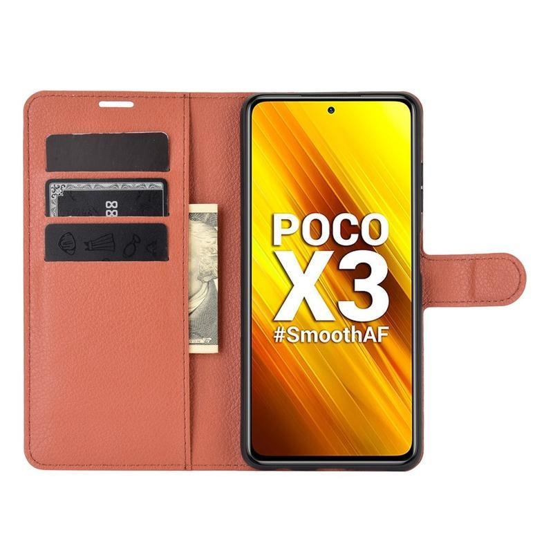 Litchi PU kožené peněženkové pouzdro na mobil Xiaomi Poco X3/X3 Pro - hnědé