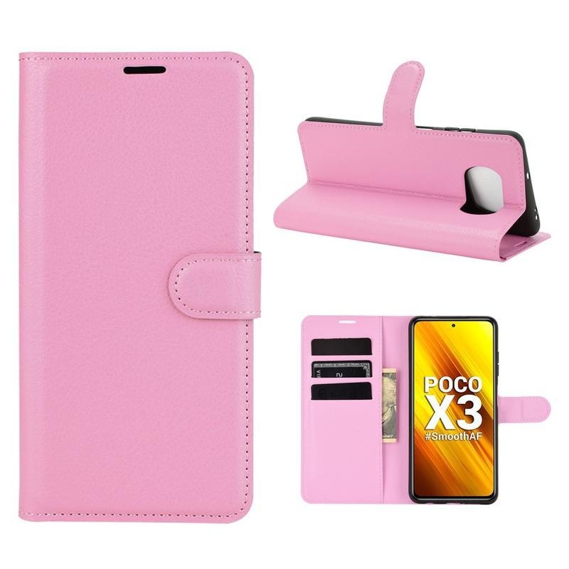 Litchi PU kožené peněženkové pouzdro na mobil Xiaomi Poco X3/X3 Pro - růžové