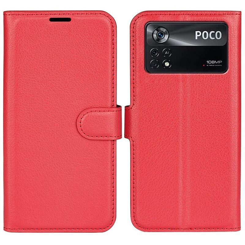 Litchi PU kožené peněženkové pouzdro na mobil Xiaomi Poco X4 Pro 5G - červené