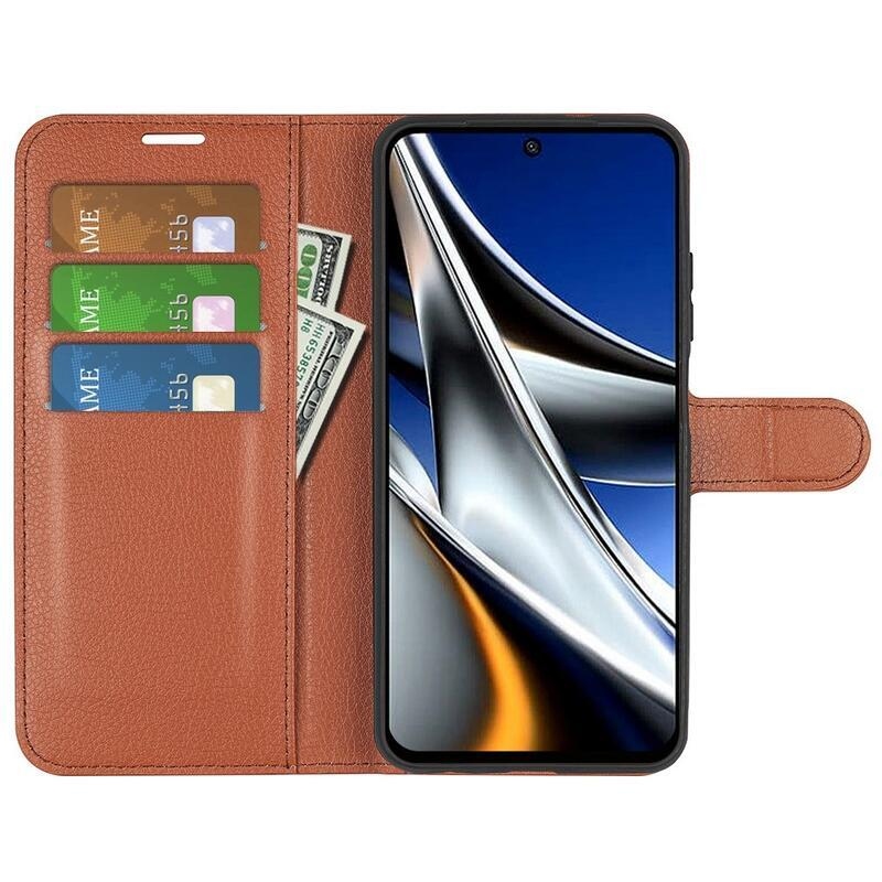 Litchi PU kožené peněženkové pouzdro na mobil Xiaomi Poco X4 Pro 5G - hnědé