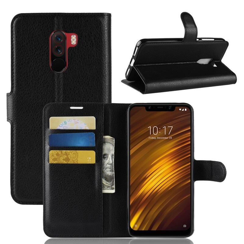 Litchi PU kožené peněženkové pouzdro na mobil Xiaomi Pocophone F1 - černé