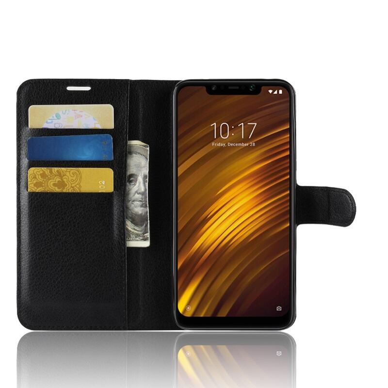 Litchi PU kožené peněženkové pouzdro na mobil Xiaomi Pocophone F1 - černé