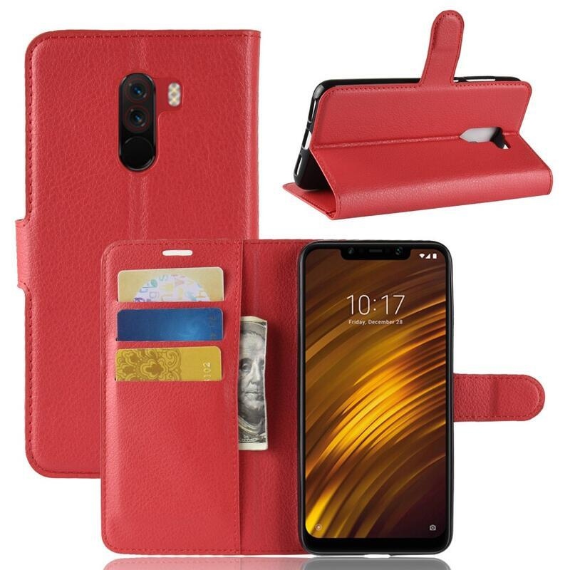 Litchi PU kožené peněženkové pouzdro na mobil Xiaomi Pocophone F1 - červené