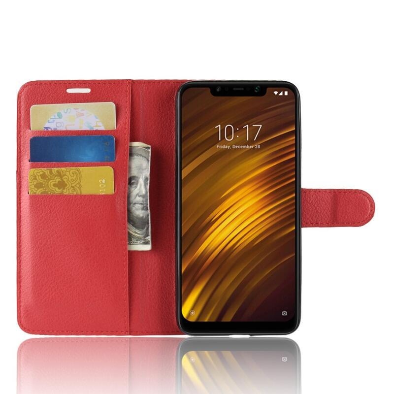 Litchi PU kožené peněženkové pouzdro na mobil Xiaomi Pocophone F1 - červené