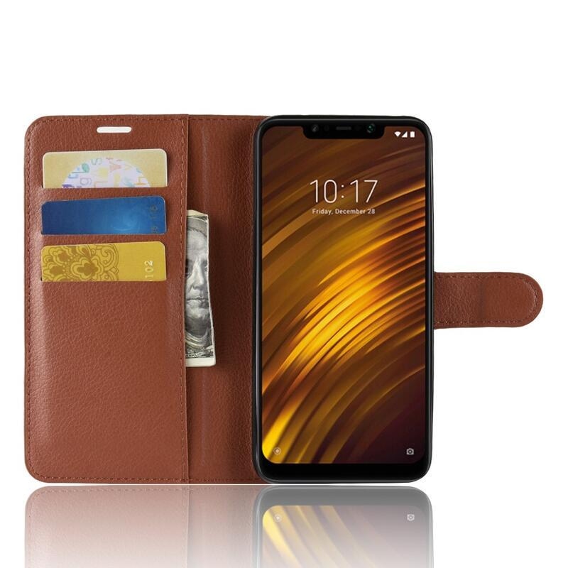 Litchi PU kožené peněženkové pouzdro na mobil Xiaomi Pocophone F1 - hnědé
