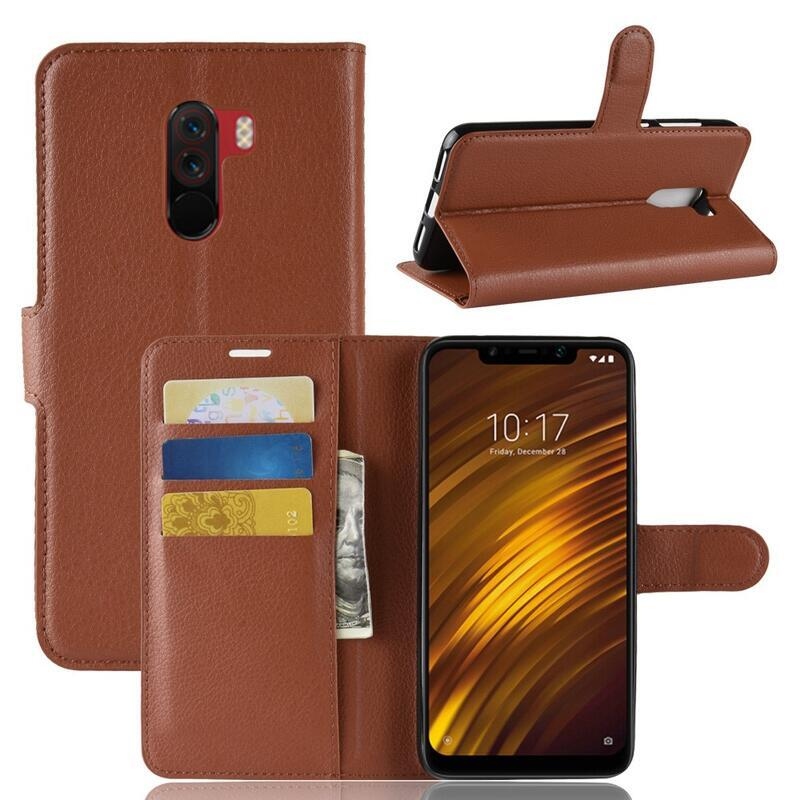 Litchi PU kožené peněženkové pouzdro na mobil Xiaomi Pocophone F1 - hnědé