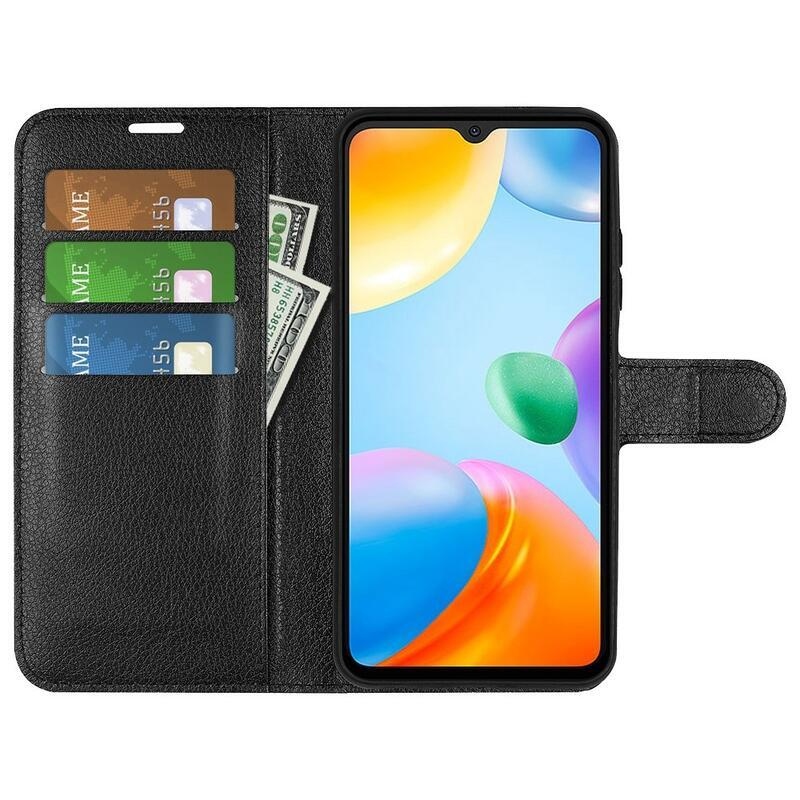 Litchi PU kožené peněženkové pouzdro na mobil Xiaomi Redmi 10C - černé
