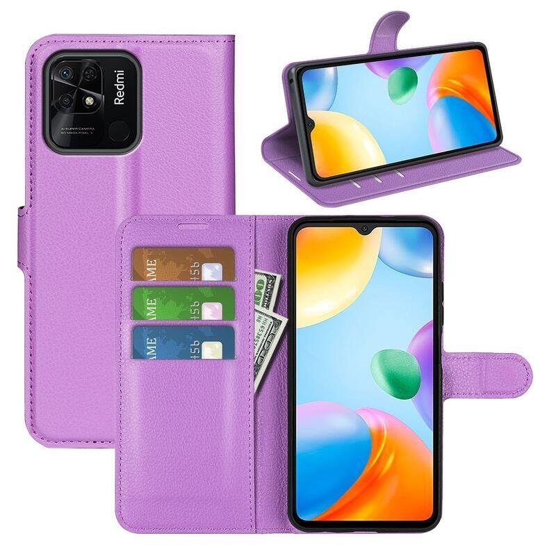 Litchi PU kožené peněženkové pouzdro na mobil Xiaomi Redmi 10C - fialové