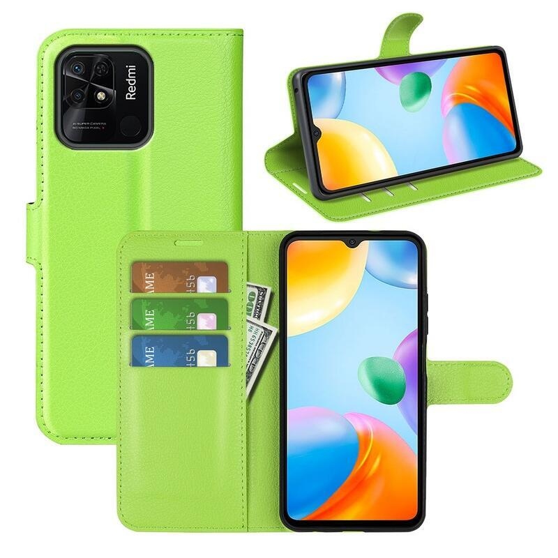 Litchi PU kožené peněženkové pouzdro na mobil Xiaomi Redmi 10C - zelené