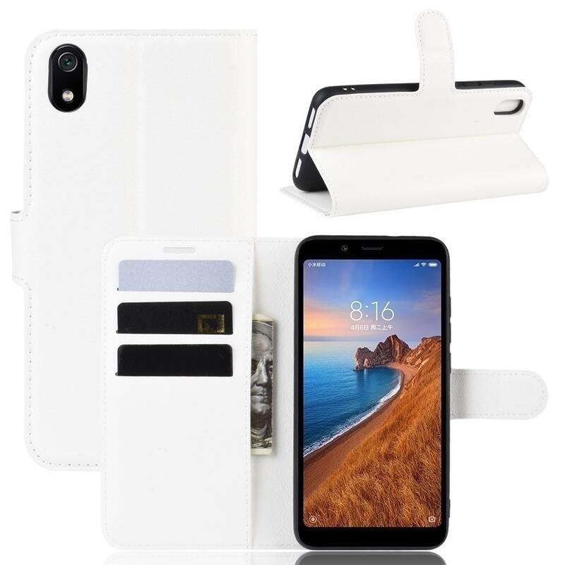 Litchi PU kožené peněženkové pouzdro na mobil Xiaomi Redmi 7A - bílé