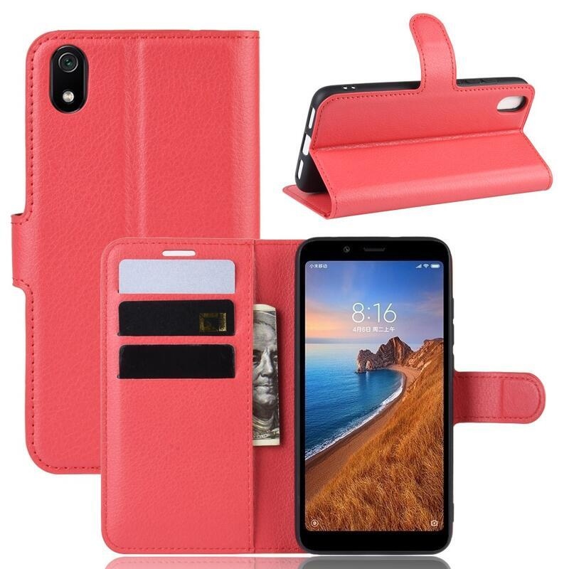 Litchi PU kožené peněženkové pouzdro na mobil Xiaomi Redmi 7A - červené