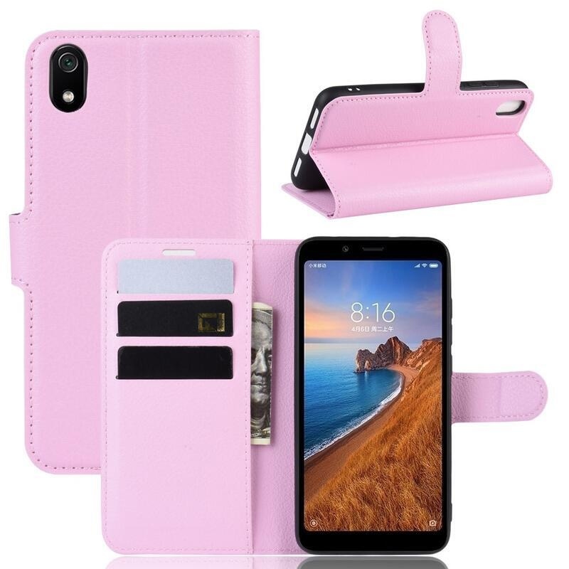Litchi PU kožené peněženkové pouzdro na mobil Xiaomi Redmi 7A - růžové