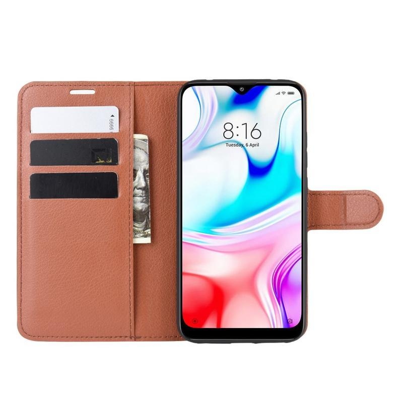 Litchi PU kožené peněženkové pouzdro na mobil Xiaomi Redmi 8 - hnědé